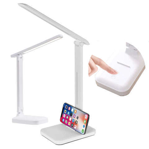 Lampka biurkowa LED lampa kreślarska na biurko szkolna stojak uchwyt na telefon z panel dotykowy bezprzewodowa Biała