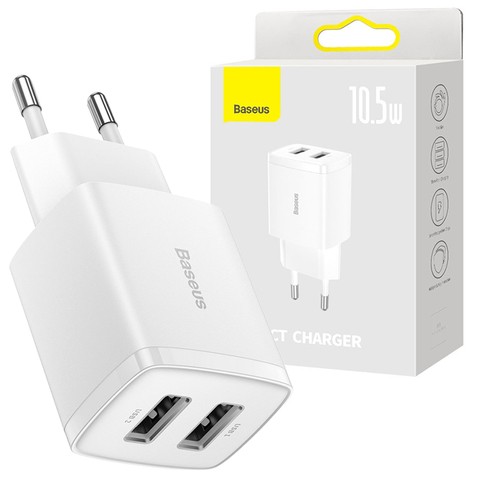 Mocna Ładowarka sieciowa Baseus Compact 2x USB 2.1A 10.5W Biała