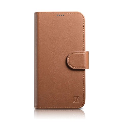 iCarer Wallet Case 2in1 etui iPhone 14 Plus skórzany pokrowiec z klapką Anti-RFID brązowy (WMI14220727-BN)