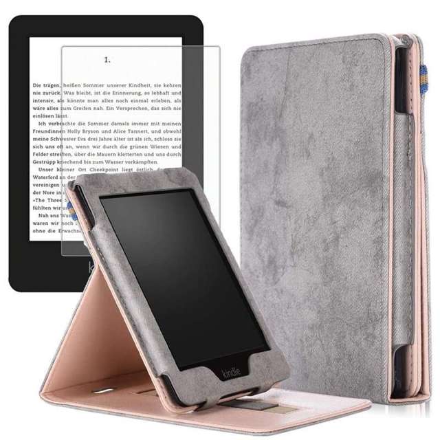 Etui Alogy Slim Leather do Kindle Paperwhite 4 2018/2019 Szare + Szkło