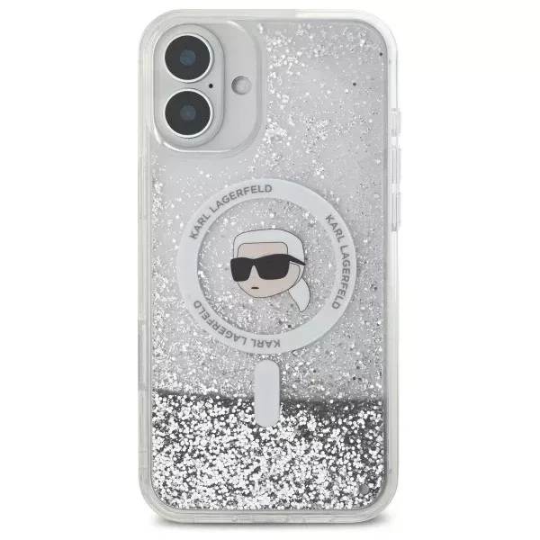 Etui Karl Lagerfeld do iPhone 16 6.1" Magsafe Hardcase Transparent Liquid Glitter Karl Head 