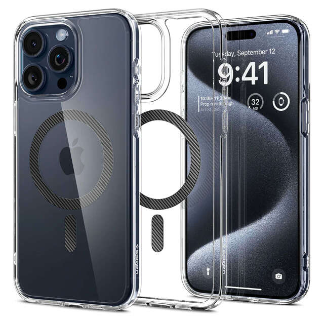 Etui do iPhone 15 Pro Spigen Ultra Hybrid MagFit do MagSafe obudowa ochronna na telefon Carbon Fiber + Szkło