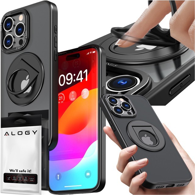 Etui do iPhone 15 Pro obudowa 360 Ring Case pancerne czarne matowe magnes do uchwytu Alogy + Szkło