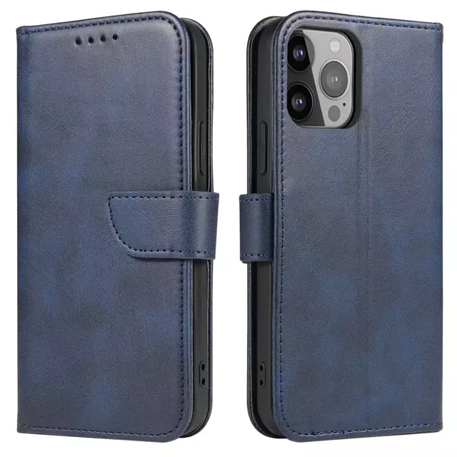 Etui na telefon Magnet Case do iPhone 13 Pro elegancki futerał etui pokrowiec z klapką i funkcją podstawki niebieski