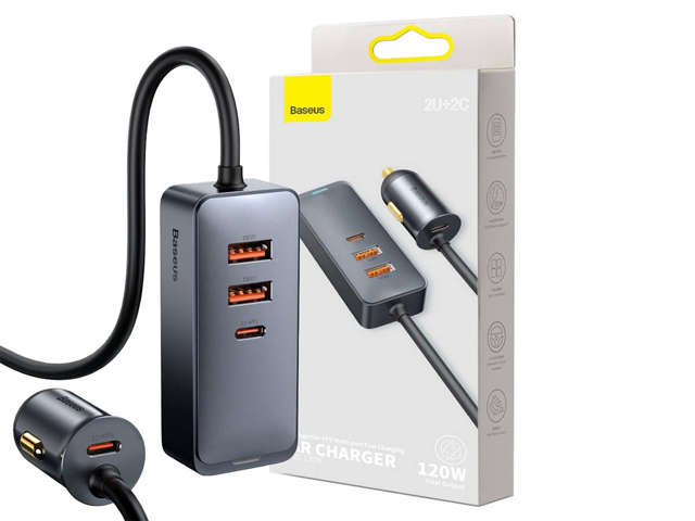 Ładowarka samochodowa Baseus Share z przedłużaczem 2x USB 2x USB-C 120W Szara