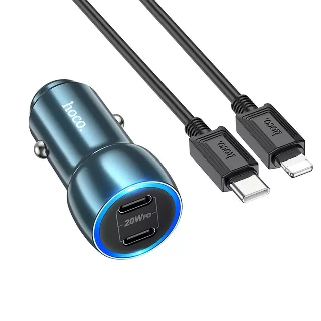 Ładowarka samochodowa HOCO 2 x Typ C + kabel Typ C do Lightning PD QC3.0 3A 40W Z48 niebieska