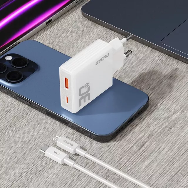 Ładowarka sieciowa GaN Dudao A30EUL 30W USB-A / USB-C + kabel USB-C - Lightning - Biała