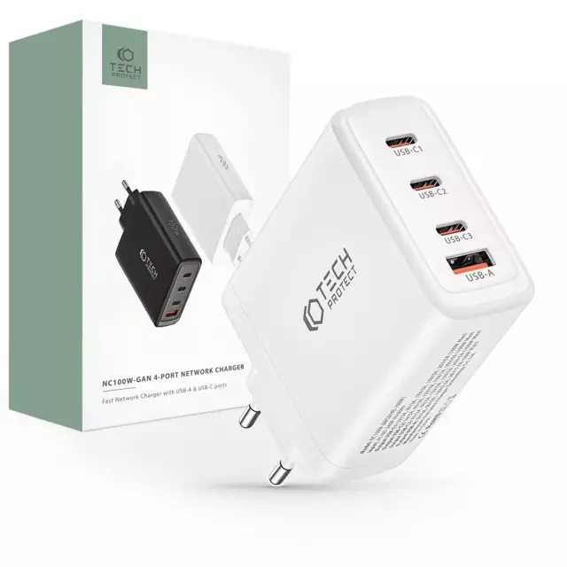 Ładowarka sieciowa Tech-protect nc100w-gan 4-port network charger PD100w/QC3.0 white