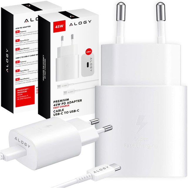 Ładowarka sieciowa USB-C typ C PD Premium szybka 45W 3A + Kabel Type-C 1M Alogy Biała