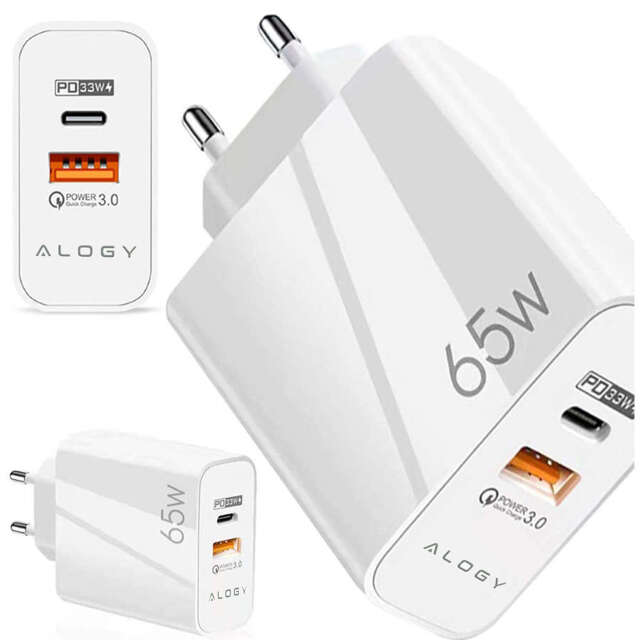 Ładowarka sieciowa szybka USB-A QC 3.0 Quick Charge + USB-C PD 33W 65W Alogy Biała