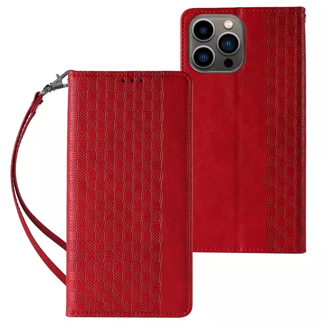 Magnet Strap Case etui do iPhone 12 Pro pokrowiec portfel + mini smycz zawieszka czerwony