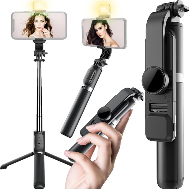 Statyw Selfie Stick kijek do zdjęć Tripod Roreta Wireless Bluetooth uchwyt do telefonu statyw z lampką LED czarny