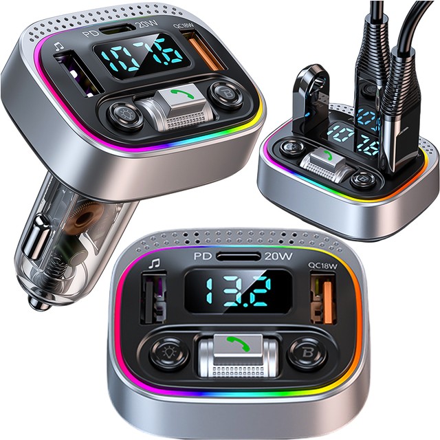 Transmiter samochodowy Bluetooth FM MP3 Szybka Ładowarka 2 x USB QC 3.0 + USB-C C PD 20W LED RGB  Alogy Car srebrny