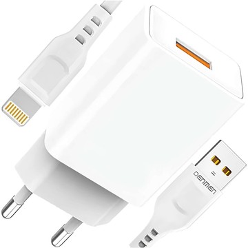  Ładowarka sieciowa USB + kabel USB - Lightning do iPhone 1m szybka 2.4A 12W Denmen Biała