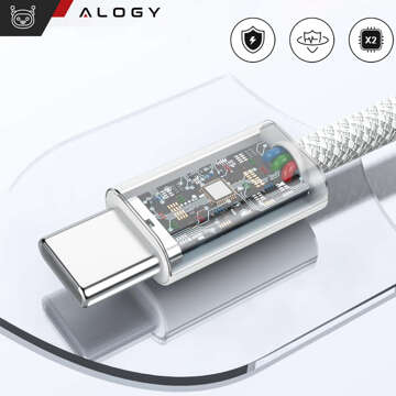 2x Kabel USB-C typ C mocny szybki 60W PD 1M do iPhone 15/Pro/Max nylonowy przewód Alogy biały [2szt]