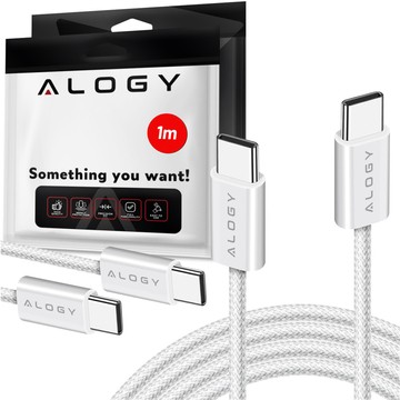 2x Kabel USB-C typ C mocny szybki 60W PD 1M do iPhone 15/Pro/Max nylonowy przewód Alogy biały [2szt]