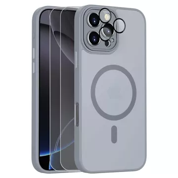 3w1 Zestaw Etui Hybrydowe + 2x Szkło hartowane do Apple iPhone 16 Pro Max obudowa ochronna Hybrydowe MagSafe z ochroną obiektywu case ochronne na telefon Alogy 3in1 Case Pack Titanium Szare