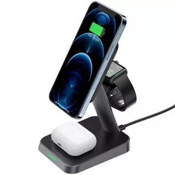 Acefast bezprzewodowa ładowarka Qi 15W do iPhone (z MagSafe), Apple Watch i Apple AirPods stojak podstawka uchwyt magnetyczny czarny (E3 black)