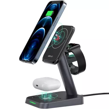 Acefast bezprzewodowa ładowarka Qi 15W do iPhone (z MagSafe), Apple Watch i Apple AirPods stojak podstawka uchwyt magnetyczny czarny (E3 black)
