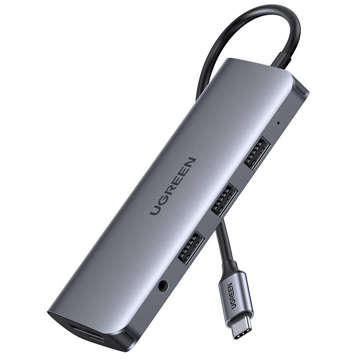 Adapter 10w1 UGREEN HUB USB-C do HDMI 4K, 3x USB 3.0, Typ-C PD, RJ45, SD, Micro SD, VGA, AUX (szary)