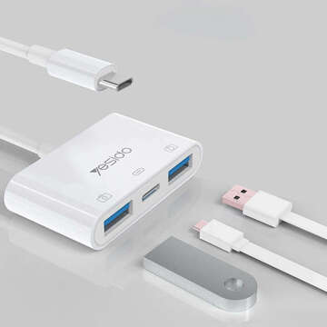 Adapter OTG HUB USB-C Type C na USB-C + 2x USB 2.0 Plug&Play przejściówka rozdzielacz Yesido GS17 Biały