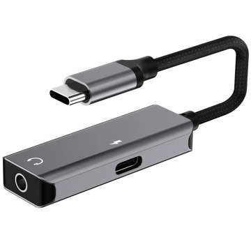 Adapter USB-C do Mini Jack 3.5mm USB-C Type C przejściówka do słuchania muzyki i ładowania Szary