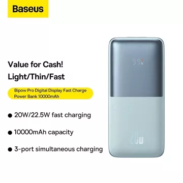 BASEUS Power Bank 10000 mAh + Kabel USB-A do Typ-C PD QC3.0 3A 20W PPBD040103 Niebieski