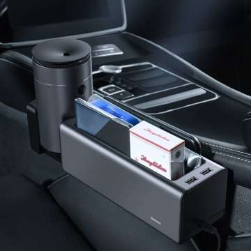 Baseus Deluxe Metalowy organizer samochodowy z uchwytem na kubek, 2x ładowanie USB (czarny)