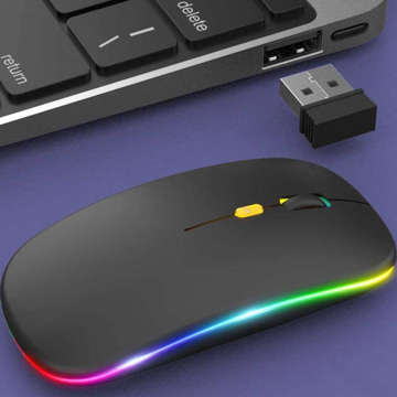 Cicha Myszka slim mysz bezprzewodowa Alogy podświetlana LED RGB do laptopa tabletu Czarna