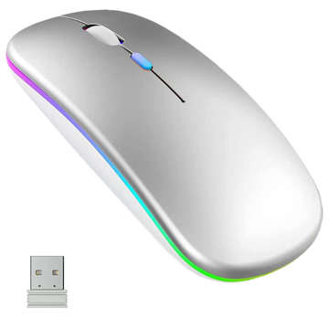 Cicha Myszka slim mysz bezprzewodowa Alogy podświetlana LED RGB do laptopa tabletu Srebrna