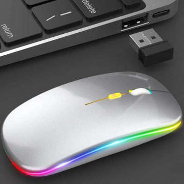 Cicha Myszka slim mysz bezprzewodowa Alogy podświetlana LED RGB do laptopa tabletu Srebrna