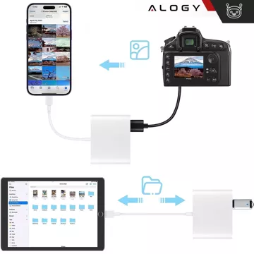 Czytnik kart pamięci SD TF USB Alogy adapter ze złączem Lightning do Apple iPhone iPad Biały