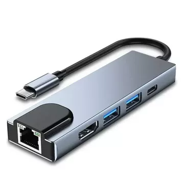 Ecobox Adapter Dex Typ-C HDMI + USB + RJ45 + Typ-C Srebrny