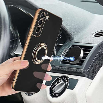 Etui Alogy TPU Luxury Ring Case z uchwytem na palec do Samsung Galaxy S21 FE 5G czarne ze złotą ramką