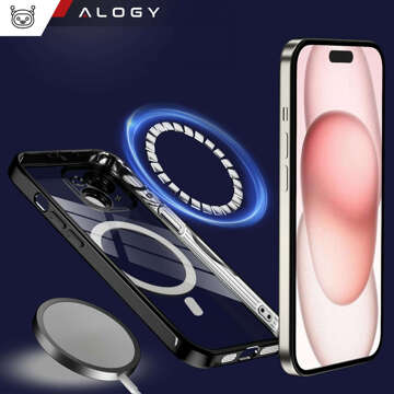 Etui MagSafe Case do iPhone 15 Glamour Luxury obudowa Slim Ring Alogy Czarny przezroczysty + Szkło