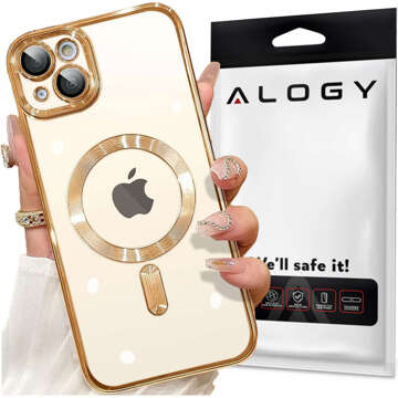 Etui MagSafe Case do iPhone 15 Glamour Luxury obudowa Slim Ring Alogy Złoty przezroczysty + Szkło