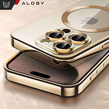 Etui MagSafe Case do iPhone 15 Pro Glamour Luxury obudowa Slim Ring Alogy Złote przezroczyste + Szkło