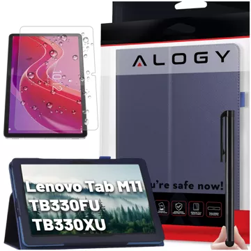 Etui + Szkło do Lenovo Tab M11 10.95" TB330FU/TB330XU/TB331FC stojak pokrowiec obudowa z klapką na tablet Case Alogy Granatowe + Rysik Gratis