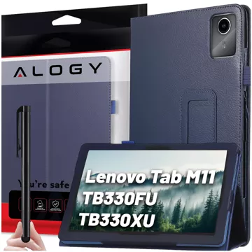 Etui + Szkło do Lenovo Tab M11 10.95" TB330FU/TB330XU/TB331FC stojak pokrowiec obudowa z klapką na tablet Case Alogy Granatowe + Rysik Gratis