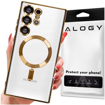 Etui do Samsung Galaxy S24 Ultra Mag Safe Glamour Case Ring obudowa ochrona aparatów Alogy Złote przezroczyste + Szkło