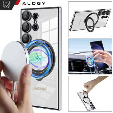 Etui do Samsung Galaxy S24 Ultra obudowa magnetyczne Ring Mag Safe Clear magnes do uchwytu Alogy Czarne przezroczyste + Ładowarka Qi