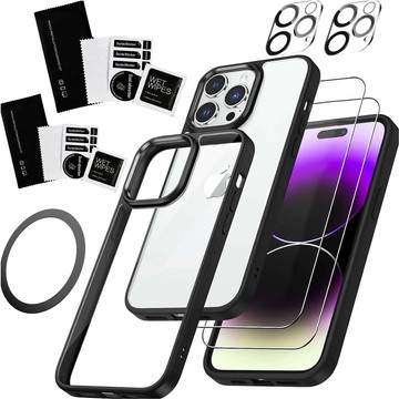 Etui do iPhone 15 Pro Obudowa Case +2x szkło na ekran i 2x obiektyw + Ring pancerne Alogy 360 Hybrid Set 6w1 czarno-przezroczyste