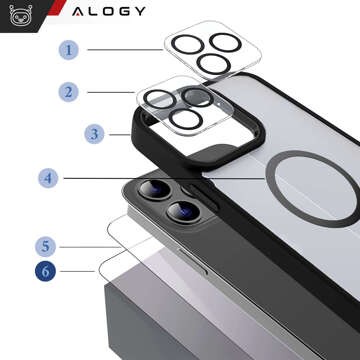 Etui do iPhone 15 Pro Obudowa Case +2x szkło na ekran i 2x obiektyw + Ring pancerne Alogy 360 Hybrid Set 6w1 czarno-przezroczyste