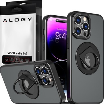 Etui do iPhone 15 Pro obudowa 360 Ring Case pancerne czarne matowe magnes do uchwytu Alogy + Szkło