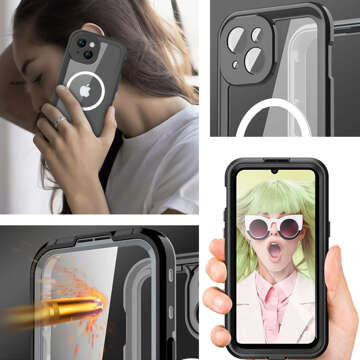 Etui do iPhone 15 wodoodporne Mag Safe Case pancerne wodoszczelne obudowa czarno-szare