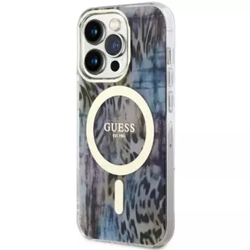 Etui na telefon Guess GUHMP14XHLEOPWB do Apple iPhone 14 Pro Max 6,7" niebieski/blue hardcase Leopard MagSafe