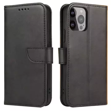 Etui na telefon Magnet Case do iPhone 14 Pro Max elegancki futerał etui pokrowiec z klapką i funkcją podstawki czarny