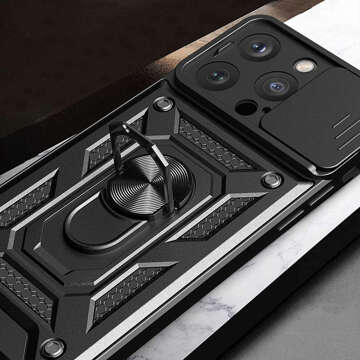 Etui pancerne do iPhone 15 Pro Camshield Case Ring Alogy Stand z osłonką na aparat slide czarne + Szkło