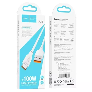 HOCO Kabel USB-A do Typ C X93 1 m Biały PD 100W 5A Szybkie Ładowanie