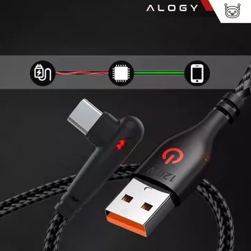 Kabel 100cm typ USB USB-C szybkie ładowanie 120W Alogy A-C mocny 90 stopni z oplotem przewód Czarny